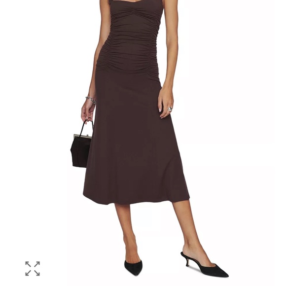 Reformation Brown Ruched Square-Neck Midi Dress - Picture 2 of 8